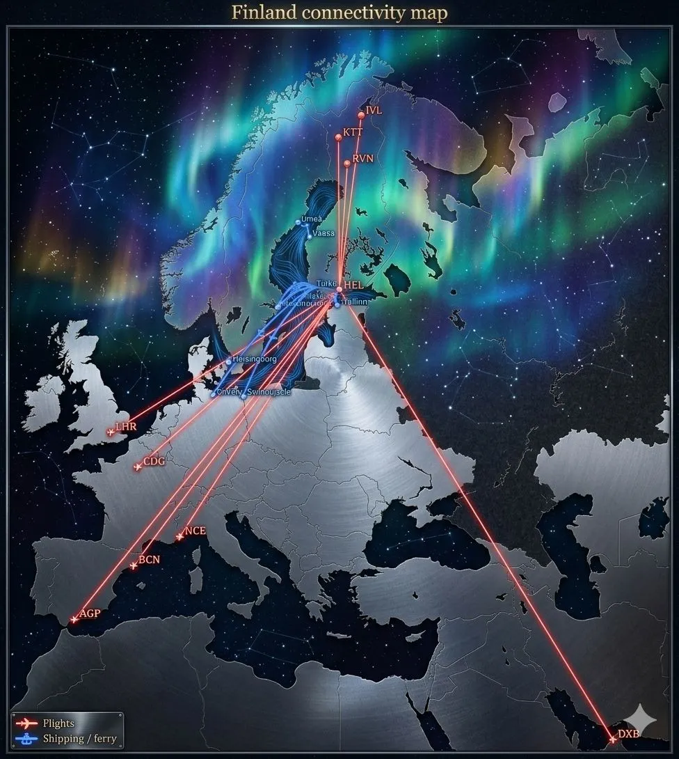 An illuminated map displays Finland's air and sea routes across Europe, the Middle East, and internally. The background features a dark, star-filled sky with vibrant green, blue, and purple aurora borealis. Landmasses are rendered in metallic silver-grey, while glowing red lines indicate flights to cities like London and Dubai, and blue lines show shipping/ferry routes to destinations including Tallinn and Umea. A legend clarifies the connection types.