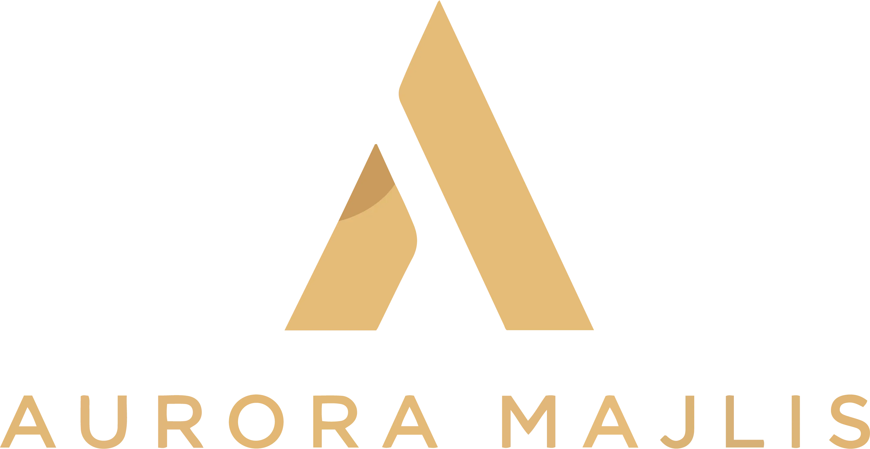 A white background displays a stylized golden "A" logo, formed by two geometric shapes, with the left shape featuring a subtle darker golden hue. Below the logo, the words "AURORA MAJLIS" are presented in a matching golden sans-serif typeface.