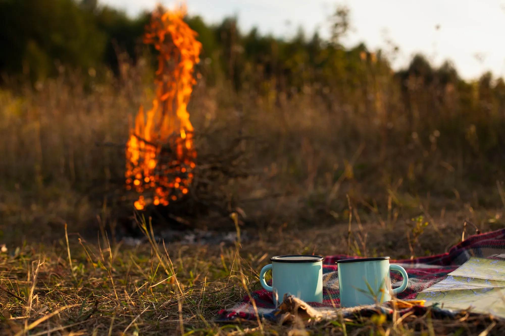 Two light blue enamel mugs with black rims sit on a red plaid blanket next to a folded map. A bright orange bonfire blazes in the blurred background, surrounded by dry golden grass and distant trees under warm, soft sunlight.