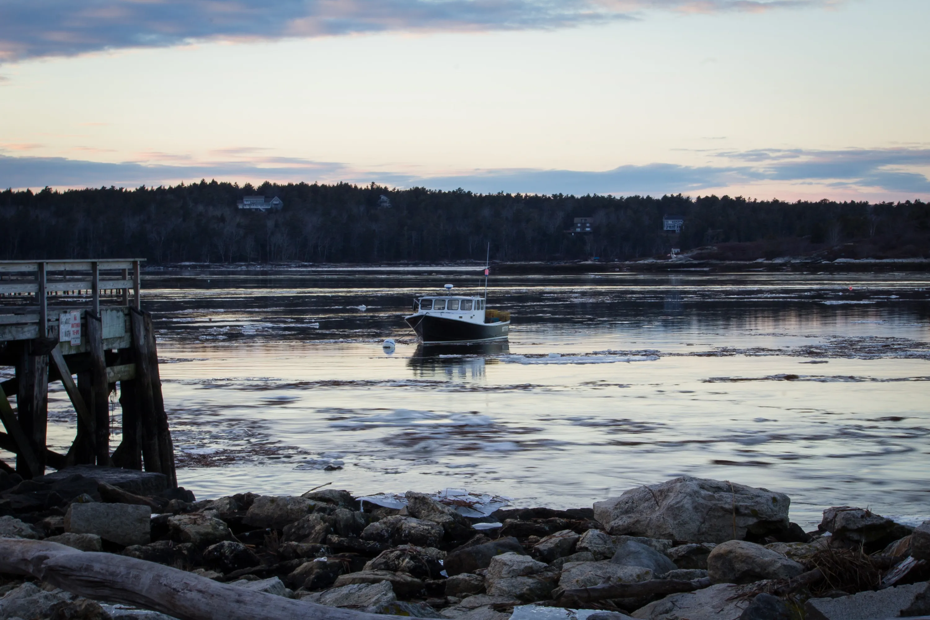A tranquil coastal scene at dusk or dawn features a dark boat with a white cabin anchored in calm water, dotted with ice and debris. A weathered wooden pier stands on the left, and a rocky shore with driftwood occupies the foreground. A dark forest with distant houses lines the horizon under a pale sky with soft blue and pink clouds.