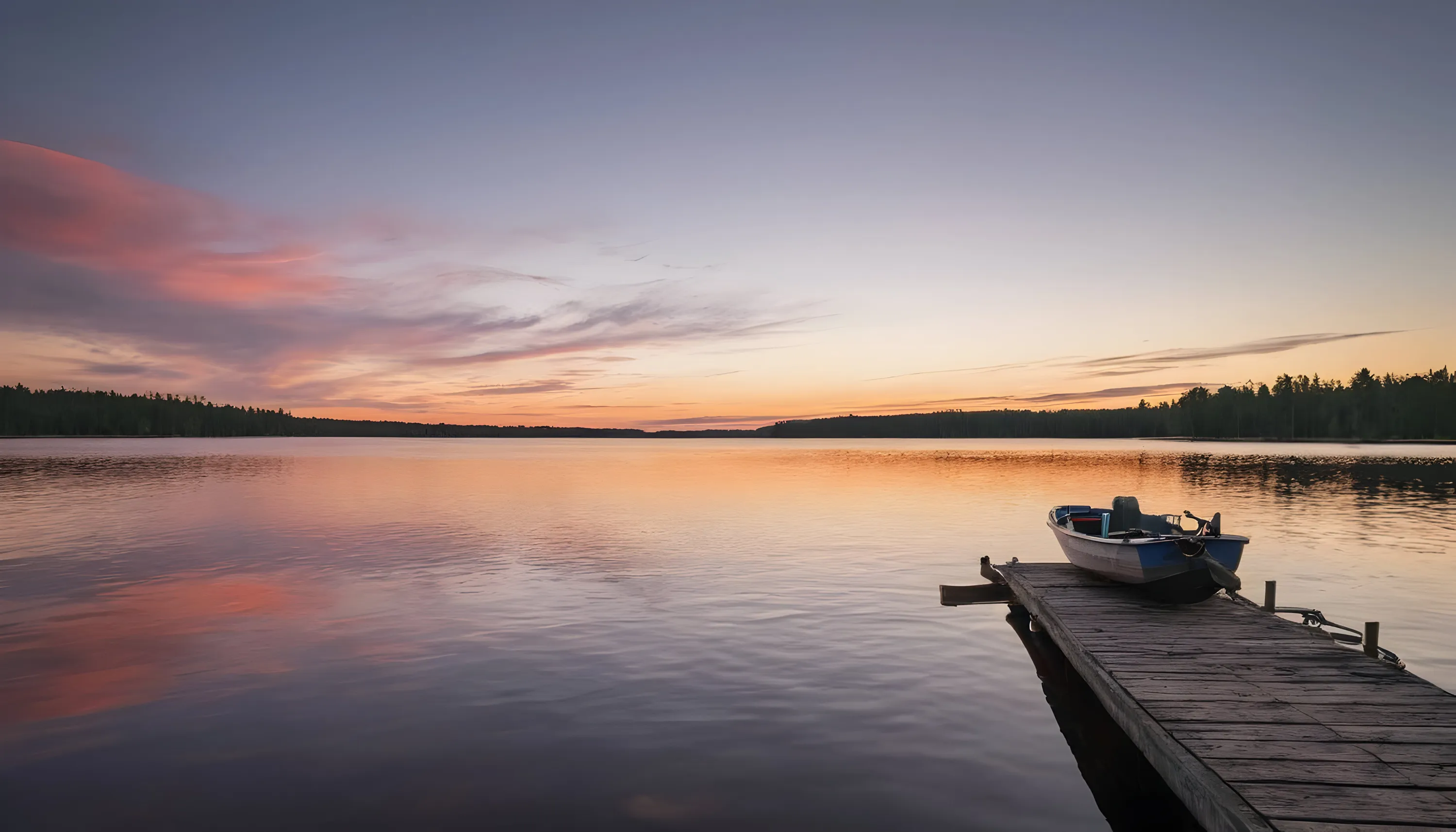 A tranquil sunset over a calm lake features a sky transitioning from deep purple to soft pinks and warm oranges, with subtle clouds. These vibrant hues are mirrored perfectly on the water's gently rippled surface. A dark, dense forest lines the distant shore. In the foreground, a weathered wooden dock extends into the water, where a small blue and white boat with an outboard motor is moored. The scene is bathed in the soft, warm glow of the setting sun.