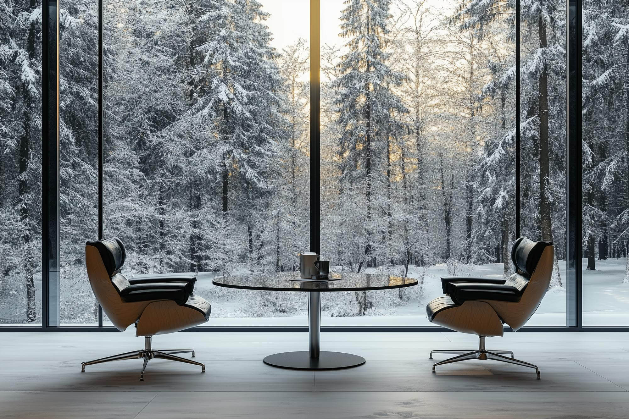 A modern room features floor-to-ceiling windows offering a panoramic view of a snow-covered forest at sunrise or sunset. Two black leather and light wood armchairs with chrome bases flank a round dark table, which holds a white carafe and a dark mug. Golden sunlight illuminates the distant trees, contrasting with the cooler tones of the closer snow-laden evergreens and the light grey floor.