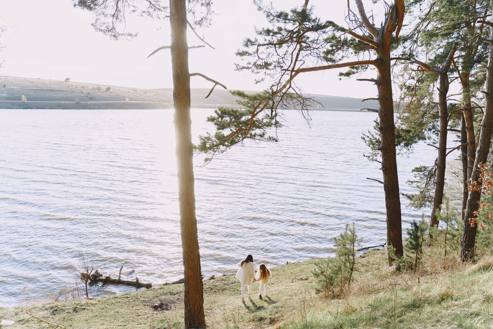 An adult and child in white walk hand-in-hand down a grassy slope towards a calm lake. Tall pine trees line the shore, with bright sunlight creating a strong lens flare on the left. The water reflects the pale sky, and distant hills rise on the horizon.