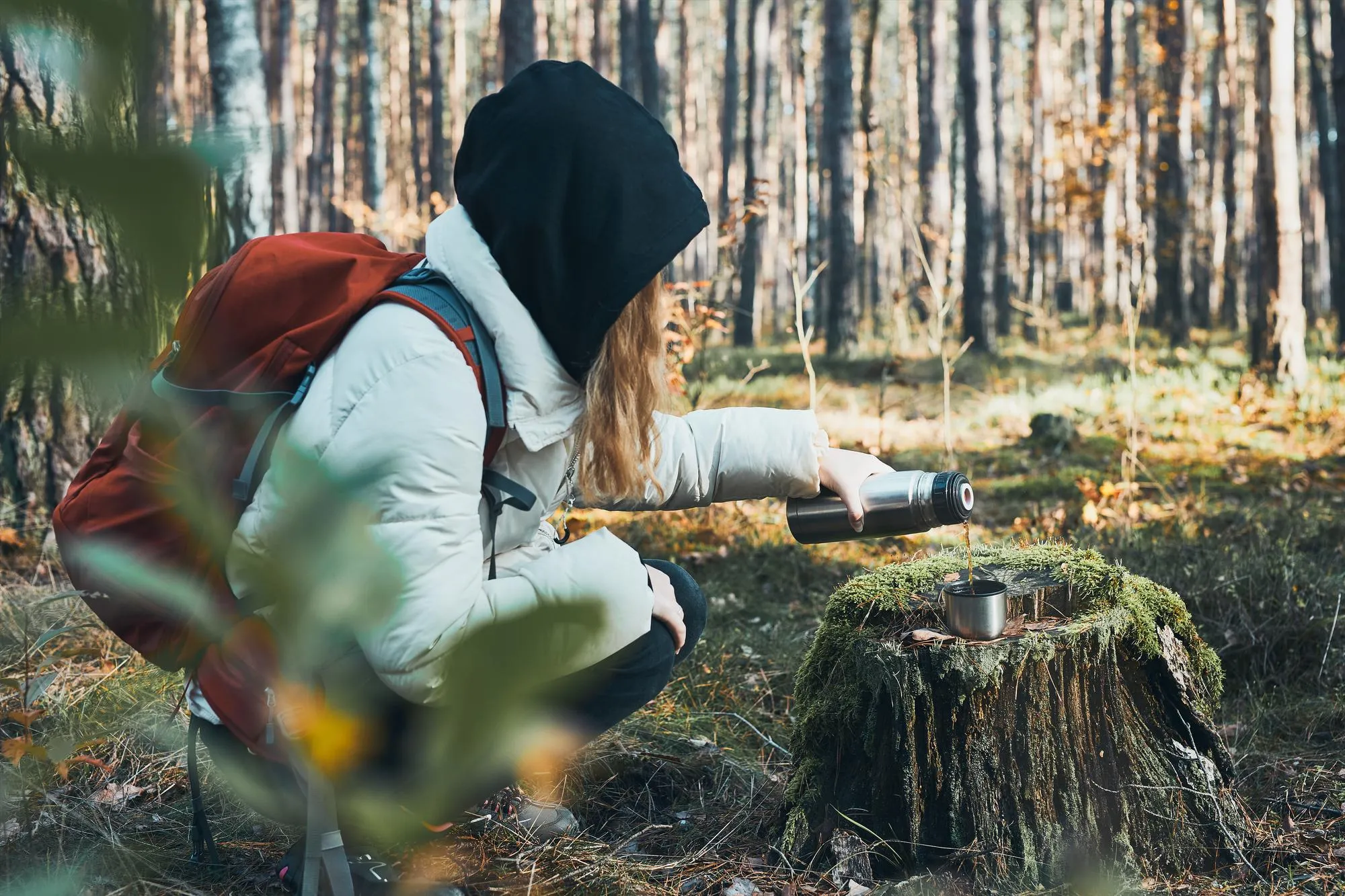 A person wearing a cream jacket and black hood crouches in a sunlit forest, pouring liquid from a silver thermos into a metal cup on a mossy tree stump. A red backpack is on their back, and another cup sits beside the first. Tall trees line the background, with blurred green leaves in the foreground.